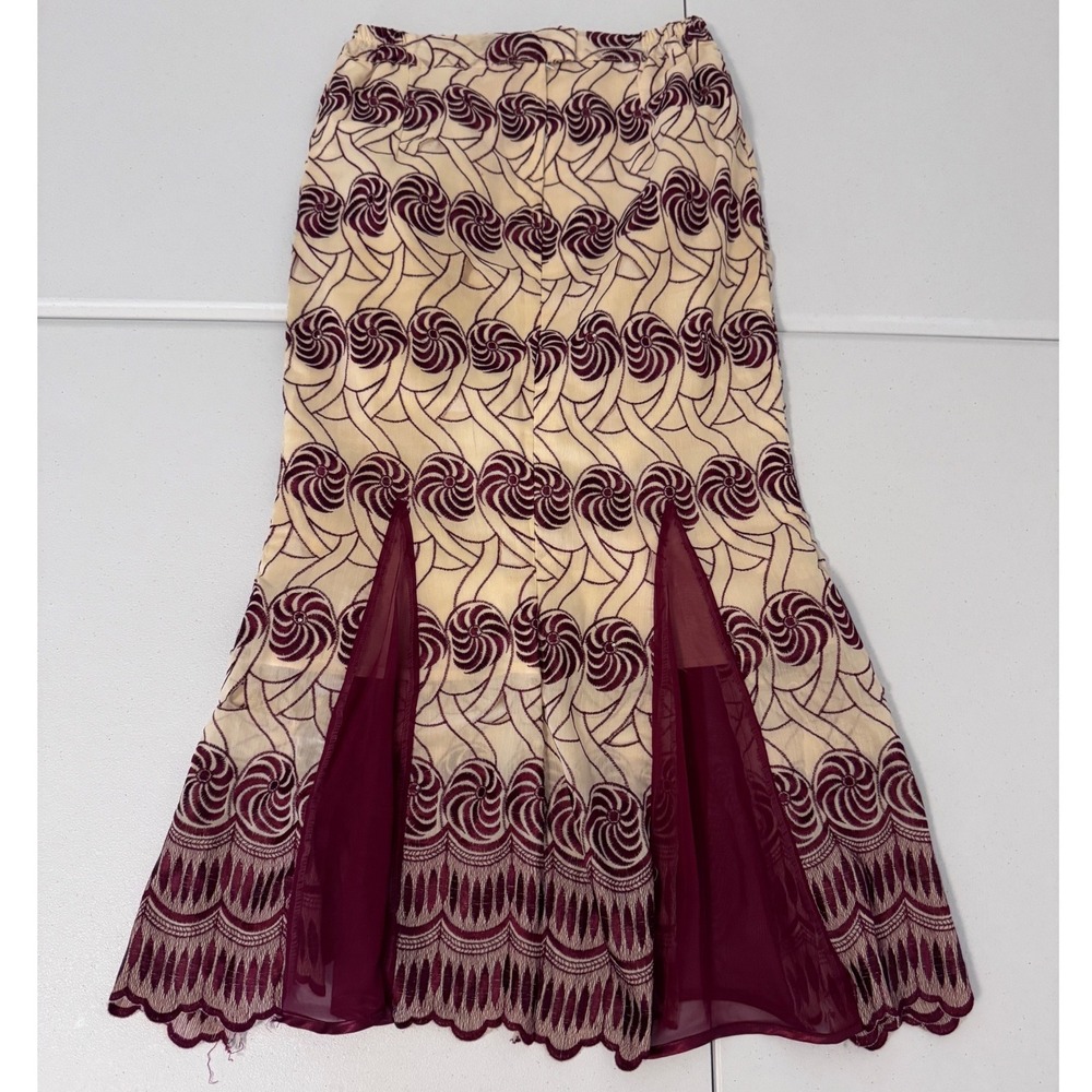 Vintage Embroidered Mermaid Maxi Skirt Burgundy Cream Chiffon Godet Boho T3